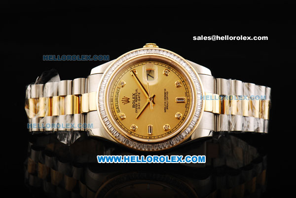 Rolex Day Date II Oyster Perpetual Automatic Movement Steel Case with Diamond Bezel - Diamond Markers Gold Dial and Two Tone Strap - Click Image to Close